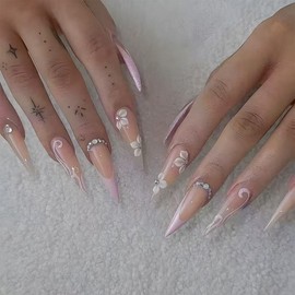 Long Press on Nails Stiletto Fake Nails French Tip False Nails with Flower Design Rhinestone Glitter Glossy Acrylic Artificial Nails for Women 24 Pcs