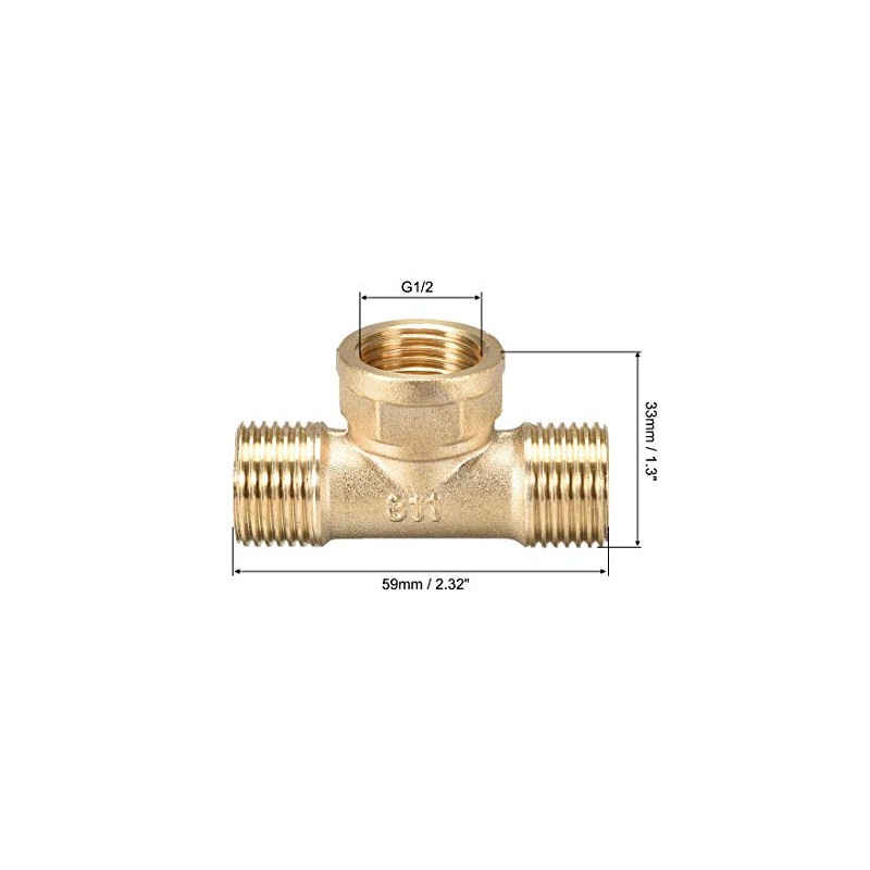sourcing map Brass Tee Pipe Fitting G1/2 Male x G1/2
