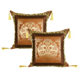 Stylo Culture Ethnic Decorative Throw Pillow Cushion Covers Coffee Brown 18 Inch Gold Jacquard Weave Tassels 45x45 cm Brocade Bohemian Elephant Floral Zippered Bed Cushion Covers | Set Of 2