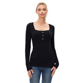 AmélieBoutik Women Cotton Blend Square Neck Empire Waist Long Sleeve Sweater (Black Small)