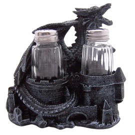 Dragon and Castle Salt and Pepper Set Holder, Unique Gothic Décor, Shakers Included, 5.75 Inches