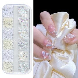 Lismyakey Nail Parts, Nail Art, 3D Rose Flowers, Pearls, Jewelry Parts, Nail Deco Parts, Beads, Flower Parts, White, Metal Grains, 3D Nail Art Decoration (Champagne)