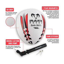 Ram Rugby Solo Skills Rugby Ball (size 3) – Practice Rugby Passing & Handling technique with this innovative Rebounder Half Rugby ball. Ideal for Solo Practice against a wall.