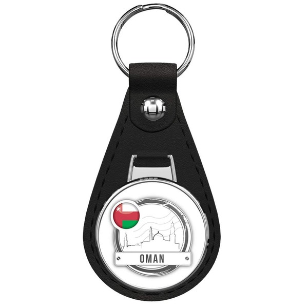 Oman Flag Stamp Keychain Black Premium Leather Key Chain with