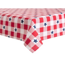 Martha Stewart Americana Star Gingham Plaid Indoor Tablecloth, Patriotic USA America Decor, Red/White/Blue, 60"x120"