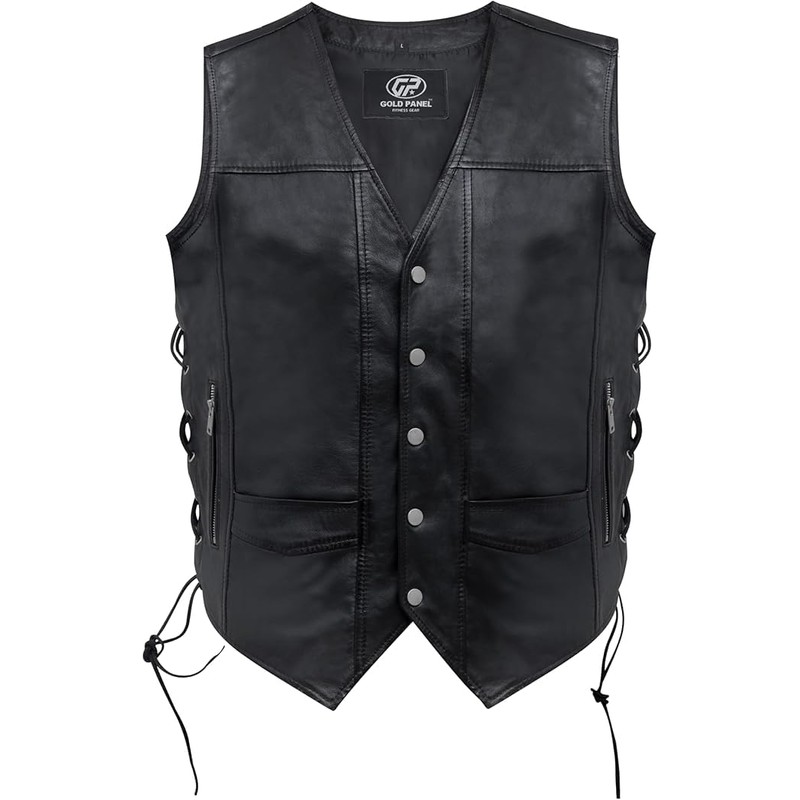 GOLD PANEL Women's Premium Leather Motorcycle Rider Vest with 100%