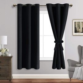 JIUZHEN Black Blackout Curtains with Tiebacks - Thermal Insulated, Light Blocking and Noise Reducing Grommet Curtain Drapes for Bedroom and Living Room, Set of 2 Panels, 42 x 63 Inch Length
