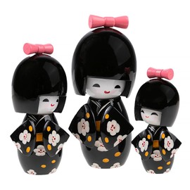 lachineuse 3 Japanese Kokeshis Dolls - Design and Black Hue, Black