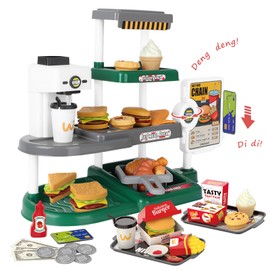 deAO Pretend Play Fast Food Set for Kids, 71PCS Fast Food Toys with Cash Register & Drink Dispenser, Play Kitchen Food Toy with Hamburger, Sandwich and Fries for 3+ Years Old Boys Girls (Green)
