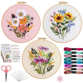Offizon 3PCS Embroidery Kit for Beginners - Cross Stitch DIY Craft Set, Flower Embroidery Accessories & Hoop Included, Hand Embroidery Kit for Adults Stitching Sewing Kit Gift | FlowerB Patterns