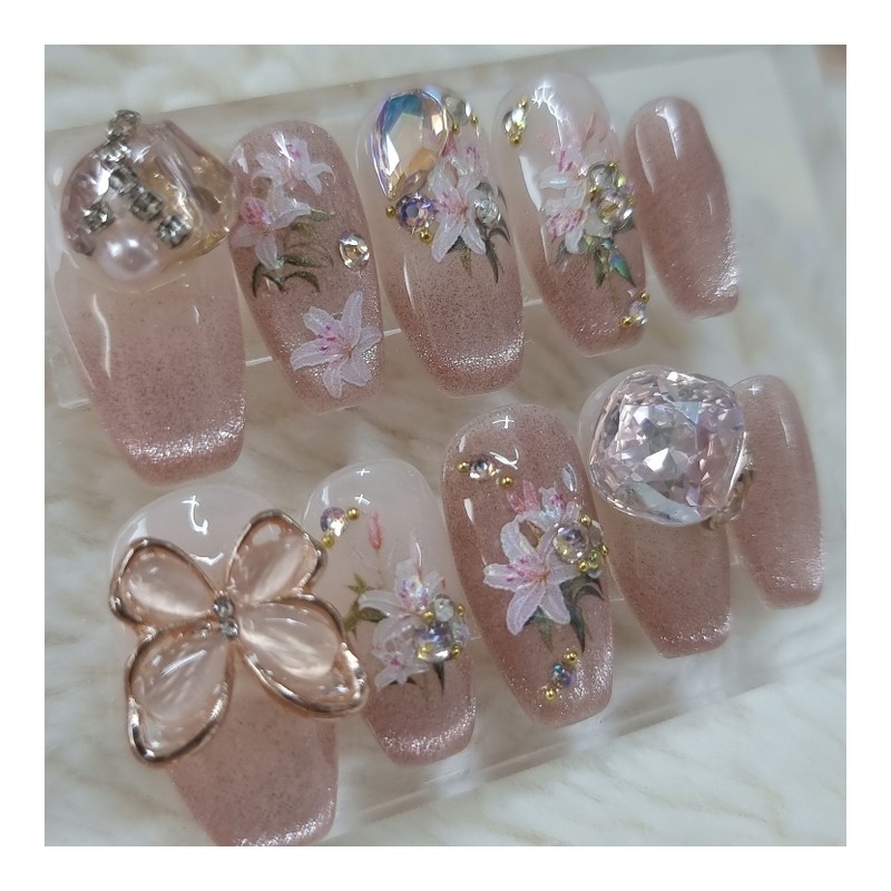 Rose gold shell butterfly handmade nail tip - long ballerina