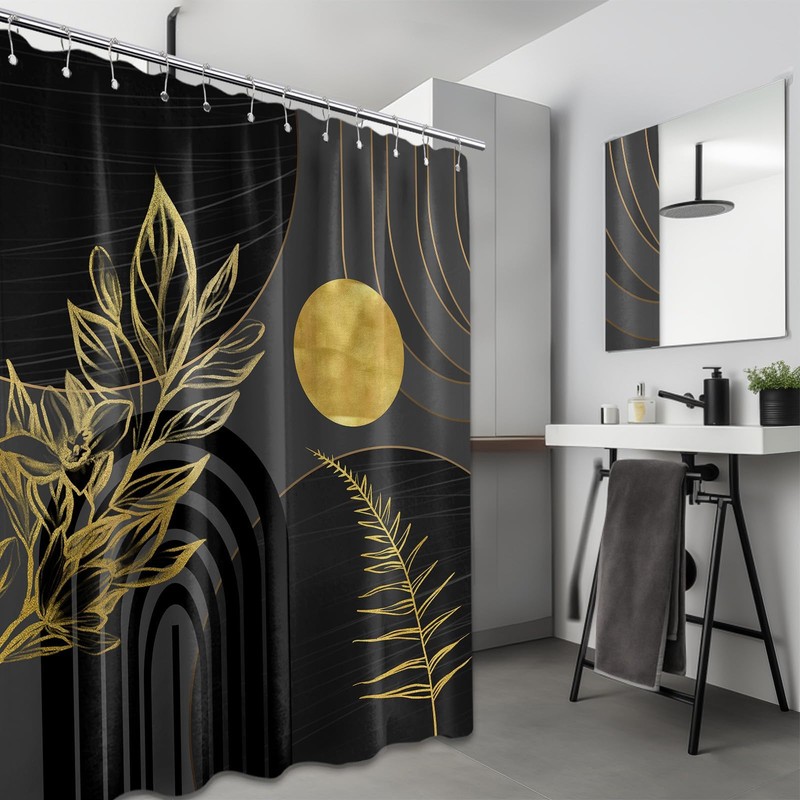 QGHOT Black and Gold Shower Curtain Boho Mid Century Black