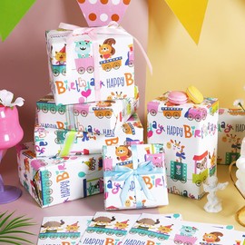 6 Sheets Birthday Wrapping Paper, Forest Animals Party Wrapping Paper for Kids Boys Girls, Folded Flat Gift Wrapping Paper Set for Birthday Baby Shower Holiday Party, 20×28inch