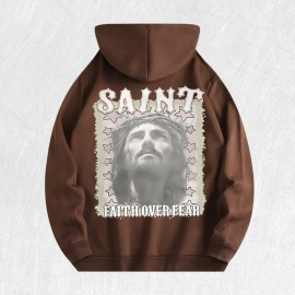 Saint Faith Over Fear Graphic Hoodie 100% Cotton US Warehouse 6 ColorsColor: Brown, Size: 2 XL