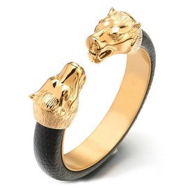 COOLSTEELANDBEYOND Mens Steel Gold Wolf Head Open Cuff Bangle Bracelet Inlaid with Black Leather, Elastic Adjustable(CA)