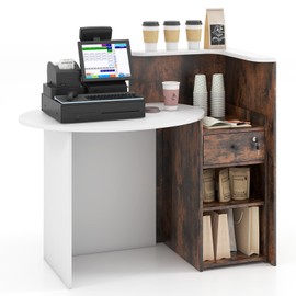 Giantex Reception Desk, Front Counter Desk with Lockable Drawer, Retail Counter Checkout Table with Round Tabletop, Corner Shelf & Adjustable Shelf for Office Beauty Salon Retail Store (Brown)