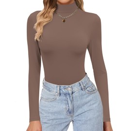 Ekouaer Women's Turtleneck Shirts Long Sleeve Soft Lightweight Fitted Mock Thermal Base Layer Tops Brown Medium