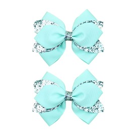 4.3-inch Glitter Sequins Bow Hair Clips Girls Sparkly Ribbon Bow Cheer Barrettes Alligator Hairpins for Baby Girls, Toddler, Kids and Teens Accessories Gift Set of 2 (Turquoise)