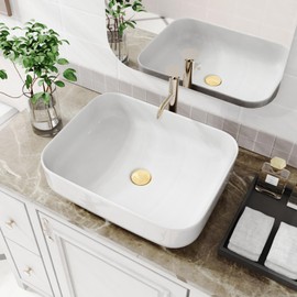 ELLAI Bathroom Vessel Sink Rectangle Above Counter Porcelain Ceramic Top Mount Rectanglar Countertop Sink for Bathroom 19.7"x15.2"x5.4" Glossy White