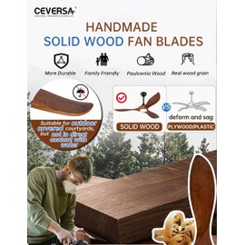 Ceversa 52 Inch Solid Wood Outdoor Ceiling Fans with Lights and Remote,3 Blade Modern Ceiling Fan with Wall Control Switch,Dimmable,Quiet Noiseless DC Motor for Patios,Farmhouse,Living Room,Bedroom