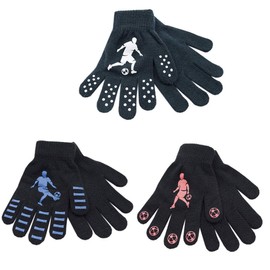 Childrens Boys Kids Thermal Magic Football Design Gloves Extra Warmth Gripper Gloves Winter with Palm and Finger in Three Trendy Colours Combinations - One Size (Assorted 3 Pairs)