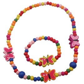 Topkids Accessories Children's Wooden Necklace & Bracelet Sets, Colourful Chunky Wooden Jewellery For Kids Costume Party Game Prizes, Perfect For Party Bag (Multicolour,Rainbow)