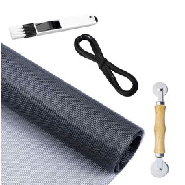 Screen Repair Kit for Windows or Doors Adjustable Fiberglass Screens with Rolling Tool, Screen Retainer Spline and Sliding Door Cleaning Brush (36" x 84", Black)
