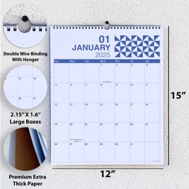 Wall Calendar 2025-2026, 18 Months, Runs From January 2025 to June 2026, 15" x 12" Large Wall Calendar with Hanger, Thick Paper, Spiral Binding, Easy to Write Down Your Plans and Daily/Pattern