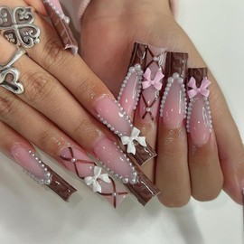 Brown French Tip Press on Nails Long Square Coffin Fake Nails Glossy Full Cover False Nails with Pearl Nail Charms Designs Cute 3D Pink White Bows Stick on Nails for Women Girls Manicure 24Pcs