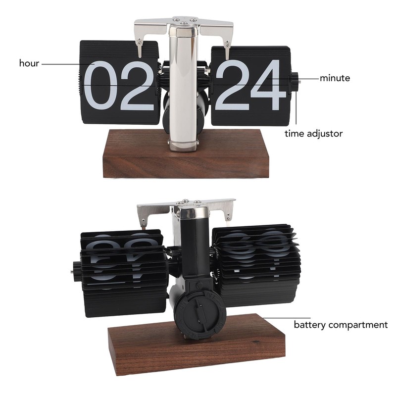 Flip Desk Clock, Auto Mechanical Flip Clock, 24H Wood Base