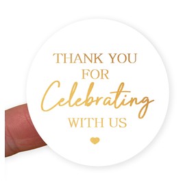 Thank You for Celebrating with Us Stickers – 45mm Round White Labels with Shiny Gold Print – Perfect for Gift Bags, Wedding Favours, Party Bags & Envelope Seals – Pack of 50