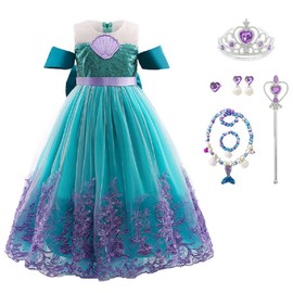 CREDIBLE NT5492A Princess Dress, Children's Cosplay Costume, Luxurious 8-Piece Set, Mermaid (Princess Dress, Heart Tiara, Magic Stick, Mermaid Necklace, Bracelet, Earring, Ring, Original Goods) 47.2