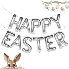 Happy Easter Silver Letter Balloons, Huge 16 Inch Easter Decorations for Spring Party Supplies, Premium Aluminum Balloons Banner Garland Party Favor for Mantle Fireplace Wall Indoor Outdoor Home Decor
