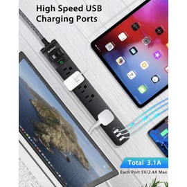 2 Pack Power Bar Surge Protector - 5 Widely Spaced Outlets 3 USB Charging Ports, 1875W/15A with 6Ft Braided Extension Cord, Flat Plug, Overload Surge Protection, Wall Mount for Home Office