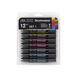 Winsor & Newton Promarker Brush, Vibrant Colours, Set of 13 Alcohol Based Dual Tip Markers for Artists