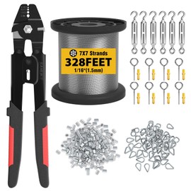 Sanuke Wire Rope Crimp Kit, 328ft 1/16 Inch Wire Rope Cable with 200pcs Crimping Sleeves and 50pcs Thimbles, 6pcs M4 Hook & Eye Turnbuckle and 8pcs Eye Screws for Railing, Decking, Hanging