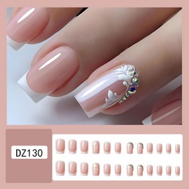 Press on Nails with French Tips 24Pcs Glossy Full Cover Artificial Square Medium Fake Nails with Leaf Designs Rhinestone Coffin Acrylic False Nails Glue Stick on Fingernails with Charm for Women