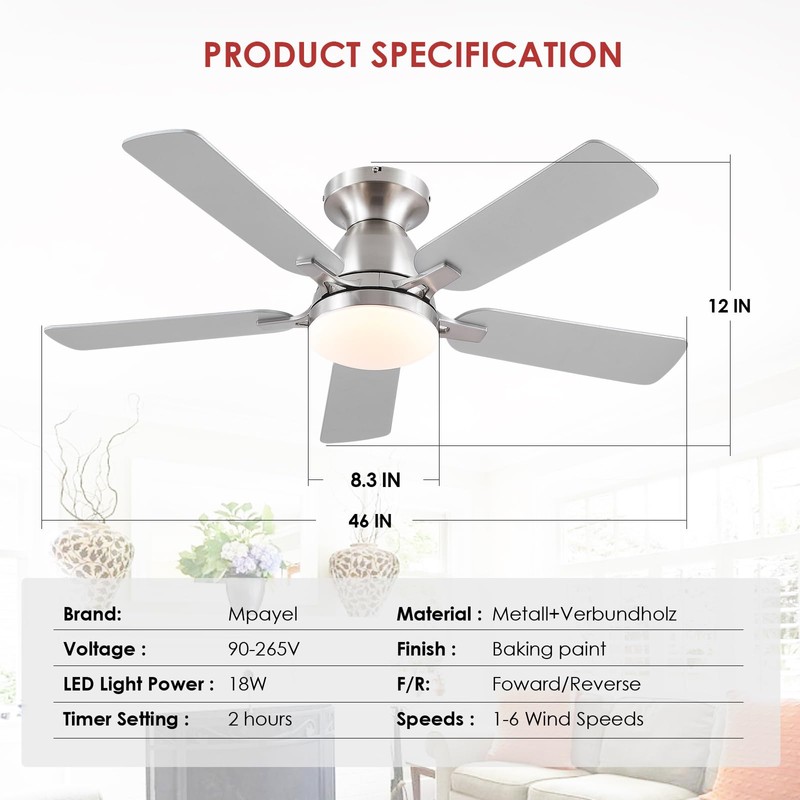 Mpayel Ceiling Fans with Lights, 46'' Indoor Low Profile Ceiling