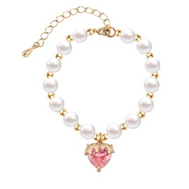 Smilephil Round White Simulated Shell Pearl Stretch Strand Bracelet with Pink Red Cubic Zirconia Heart Black Bows, Hypoallergenic (Gold-Pink)