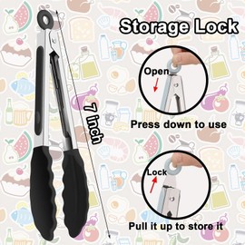 xlehoely 6 PCS Silicone Tongs,Cooking Tongs with Silicone Tips,7 Inch Stainless Steel Silicone Kitchen Tongs,Heat Resistant Non-Stick Silicone Tongs for Cooking Grilling Salad,BBQ Tongs with Locking