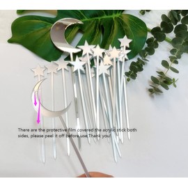 Juego de 20 decoraciones acrílicas para tartas, diseño de estrella y luna, cumpleaños de la luna, de ensueño, para boda, fuga, estrella, compromiso, baby shower (espejo plateado)
