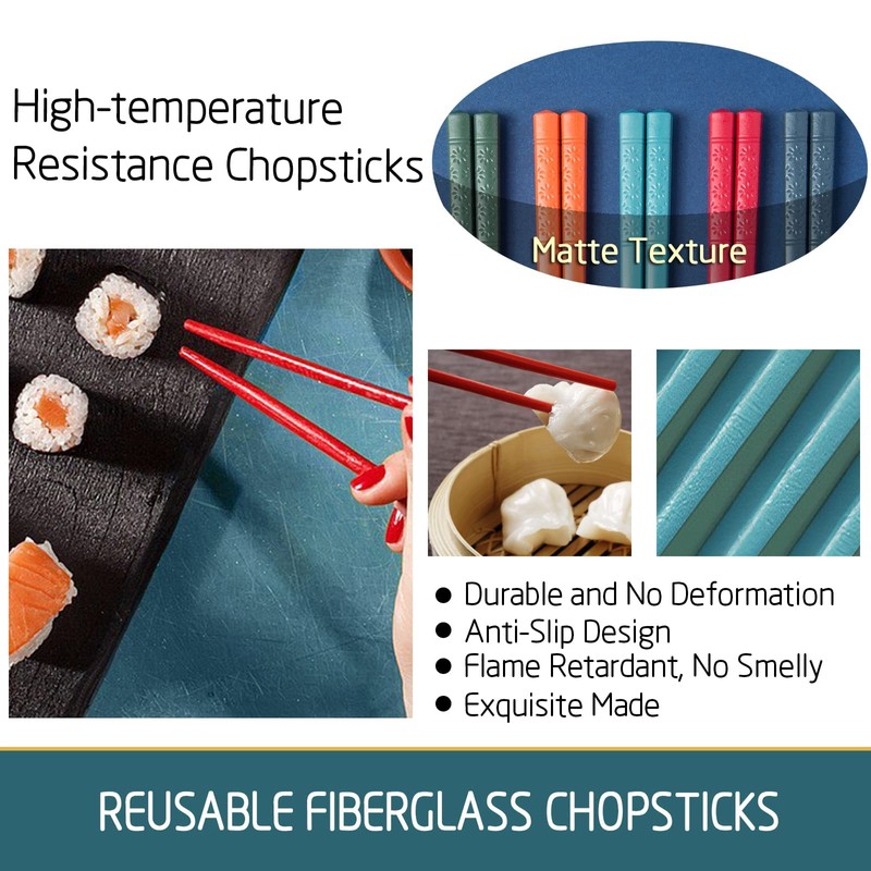Fiberglass Chopsticks Reusable Chopsticks Dishwasher Safe 5 Pairs 9.4 Inches/24cm
