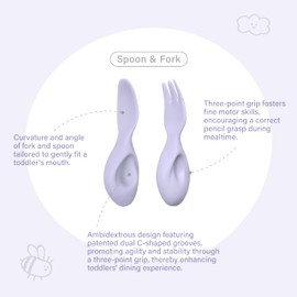 Tiny Genius Toddler Utensils - Baby Essentials with Bowl, Fork, and Spoon | Baby-Led Weaning Supplies (BLW) for 12M+ Self-Feeding, Functional Silicone Dinnerware Set - Boosts Fine Motor Skill (Purple)