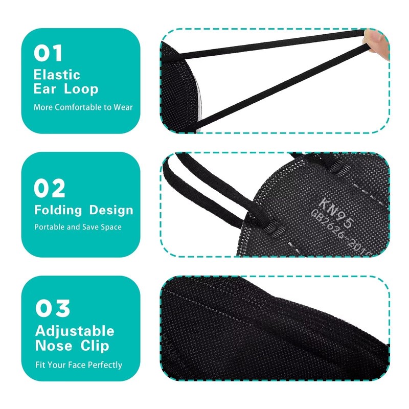 LEMENT 50pcs KN95 Face Mask Black 5 Layer Cup Dust