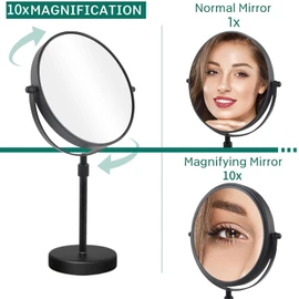 Nicesail 19 Inch Tall Makeup Mirror with 10X Magnification, 8 Inch Magnifying Mirror Tabletop with Pedestal, Height Adjustable Black (8 Inch, 10X)
