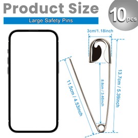 HAPYSHOOP 10 Pieces Large Safety Pins 5 Inch Metal Jumbo Safety Pin Silver Heavy Duty Safety Pins for Laundry, Blanket, Key Rings, Outdoor