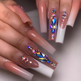 BABALAL Press on Nails Long Square Fake Nails White French Tip False Nails Pink Acrylic Nails Supplies Full Cover Artificial Nails with Luxury Rhinestone Charm Bling Manicure Squoval Nail Decoration