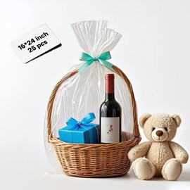 Dyfhoju 25 Pcs Cellophane Bags for Gift Baskets, 16x24 Inch - 2.4 mil Thick Clear Basket Bags Wrap