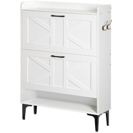 MAHANCRIS Shoe Storage Cabinet, Shoe Organizer with 2 Flip Drawers, Hidden Shoe Storage for Entryway, Freestanding Organizer with Open Storages, White SHWT9401