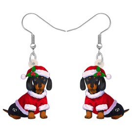 OUSIO Christmas Day Acrylic Adorable Christmas Dachshund Dog Earrings Santa Claus Costume Puppy Dangle Jewellry For Women Dog Lovers Charms Birthday Holiday Party Gifts (Black)